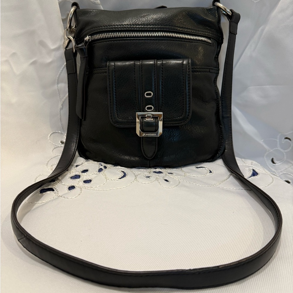B. Makowsky Vintage Black Leather Crossbody Bag